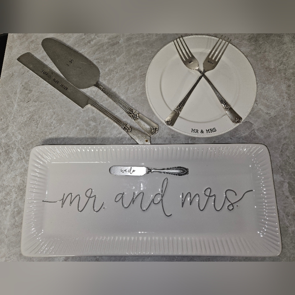 Elegant White Mud Pie 'Mr. and Mrs.' Dining Set - 3 Sets Bundled as 1.
